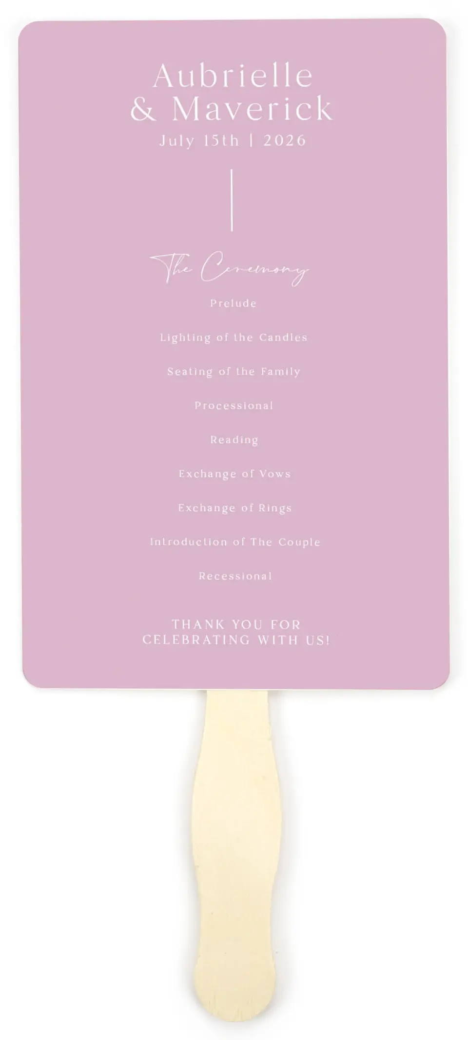 This is a 5" x 7⅞" Wedding Program Fan called The Aubrielle printed in full color on Premium Smooth paper