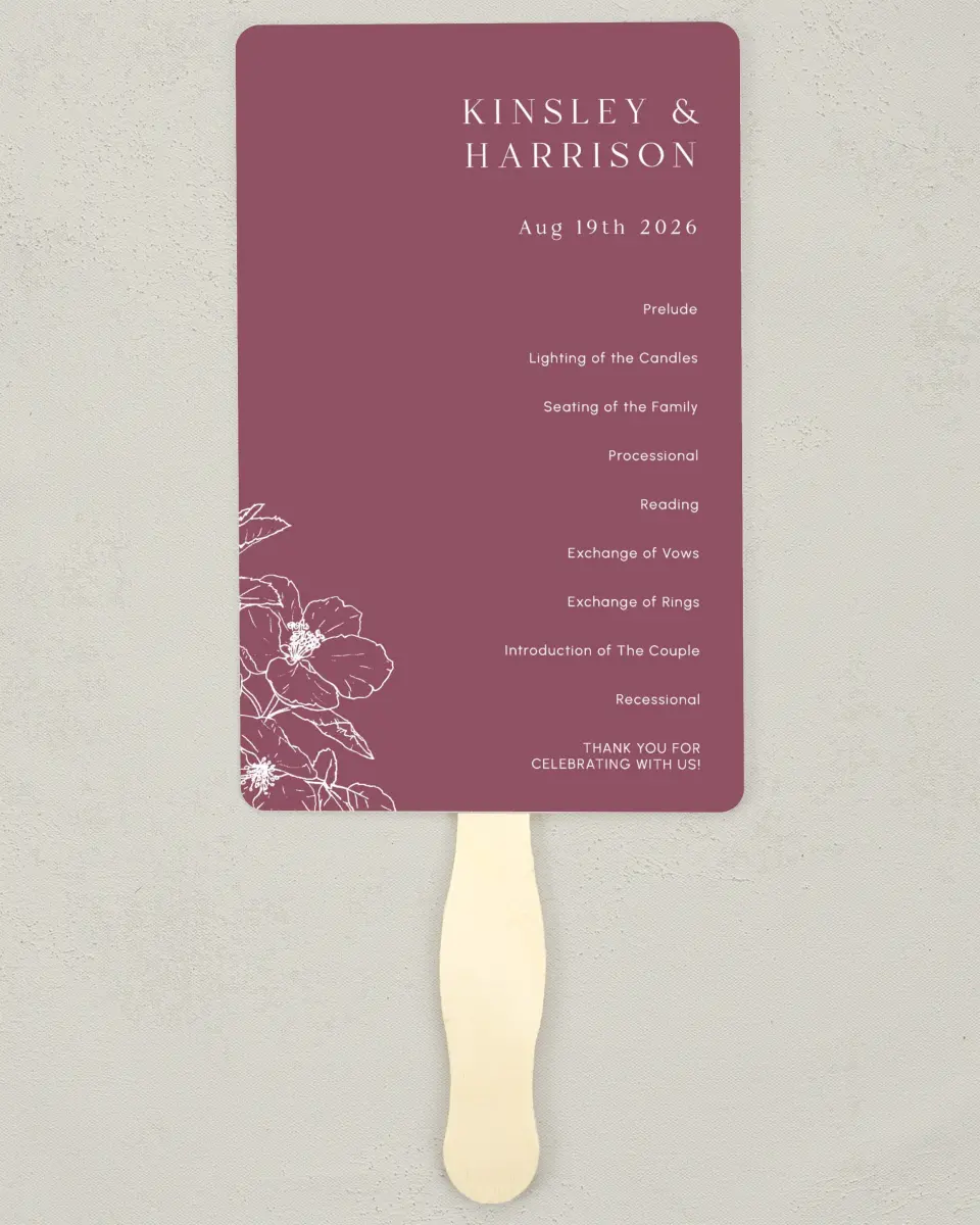 This is a 5" x 7⅞" Wedding Program Fan called The Kinsley printed in full color on Premium Smooth paper