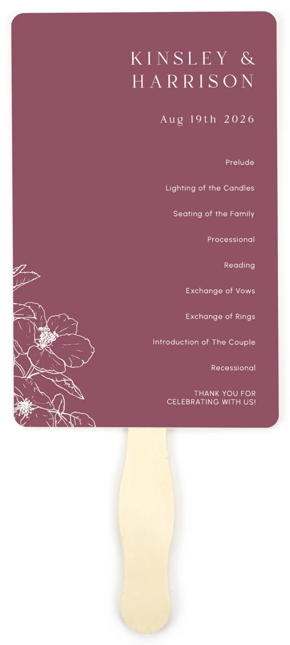 This is a 5" x 7⅞" Wedding Program Fan called The Kinsley printed in full color on Premium Smooth paper