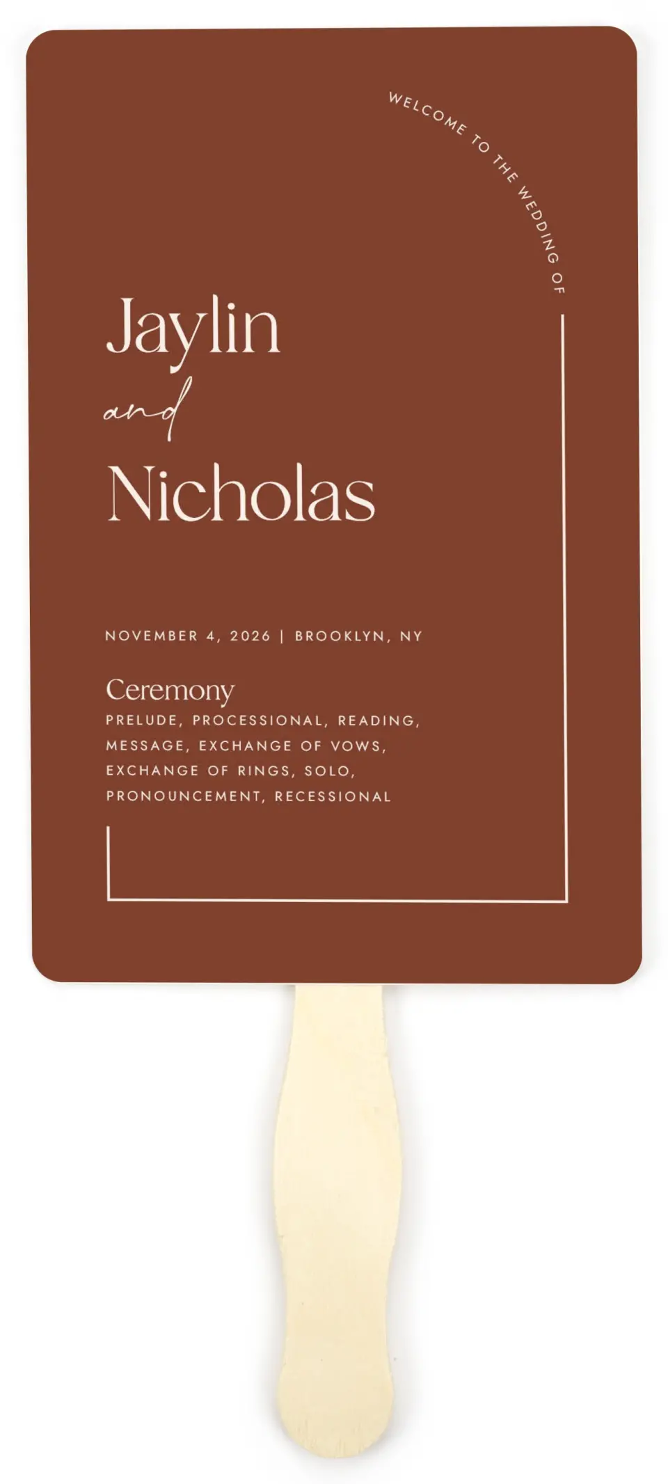 This is a 5" x 7⅞" Wedding Program Fan called The Jaylin printed in full color on Premium Smooth paper
