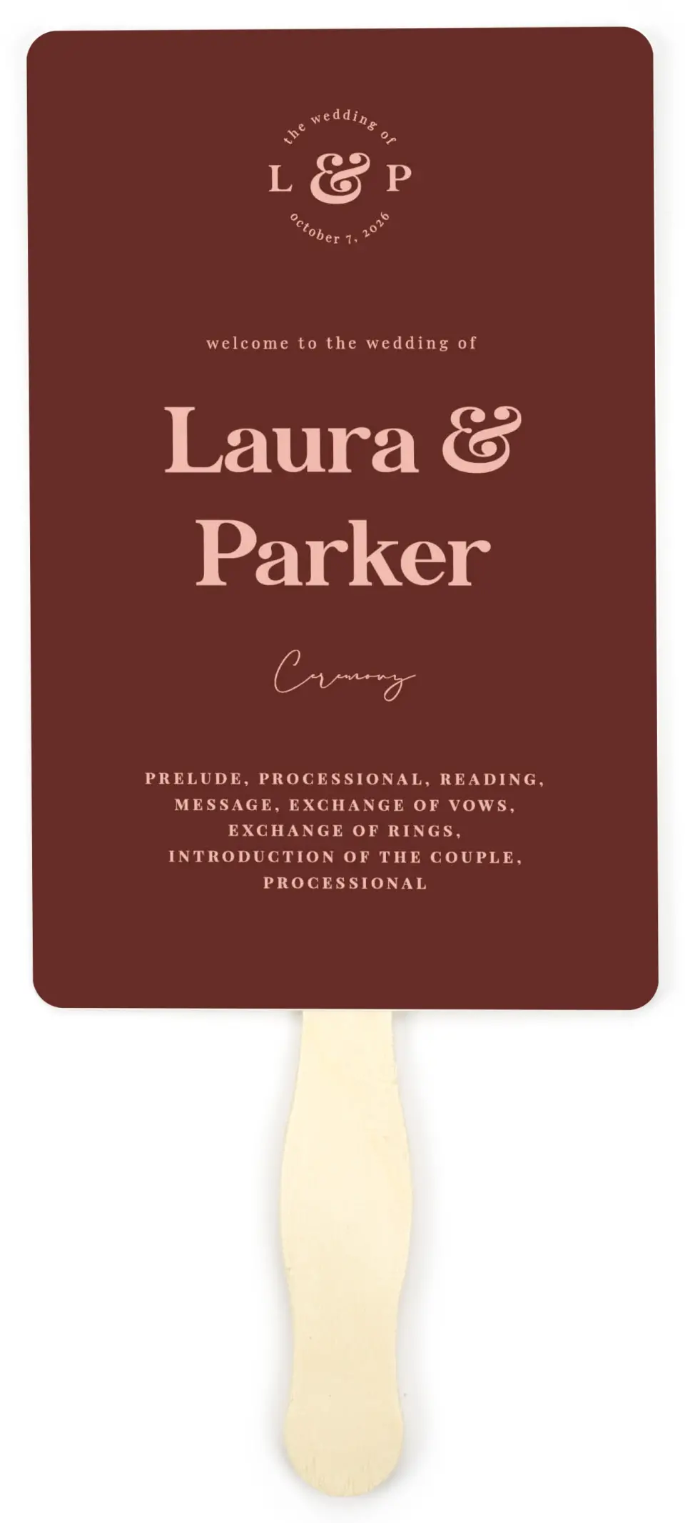 This is a 5" x 7⅞" Wedding Program Fan called The Jaylin printed in full color on Premium Smooth paper