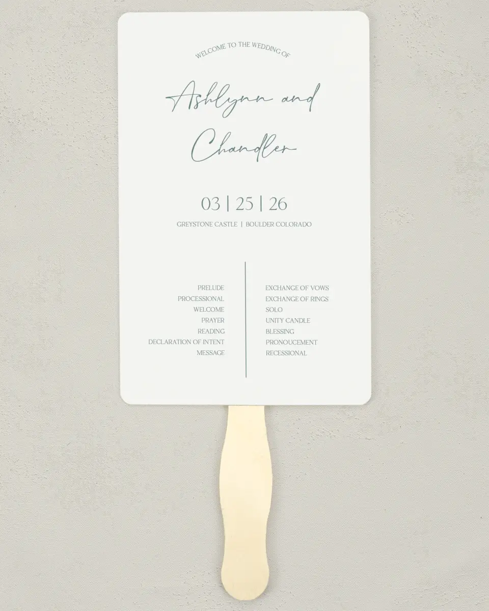 This is a 5" x 7⅞" Wedding Program Fan called The Ashlynn printed in full color with Gold foil on Luxe Satin (coated) paper