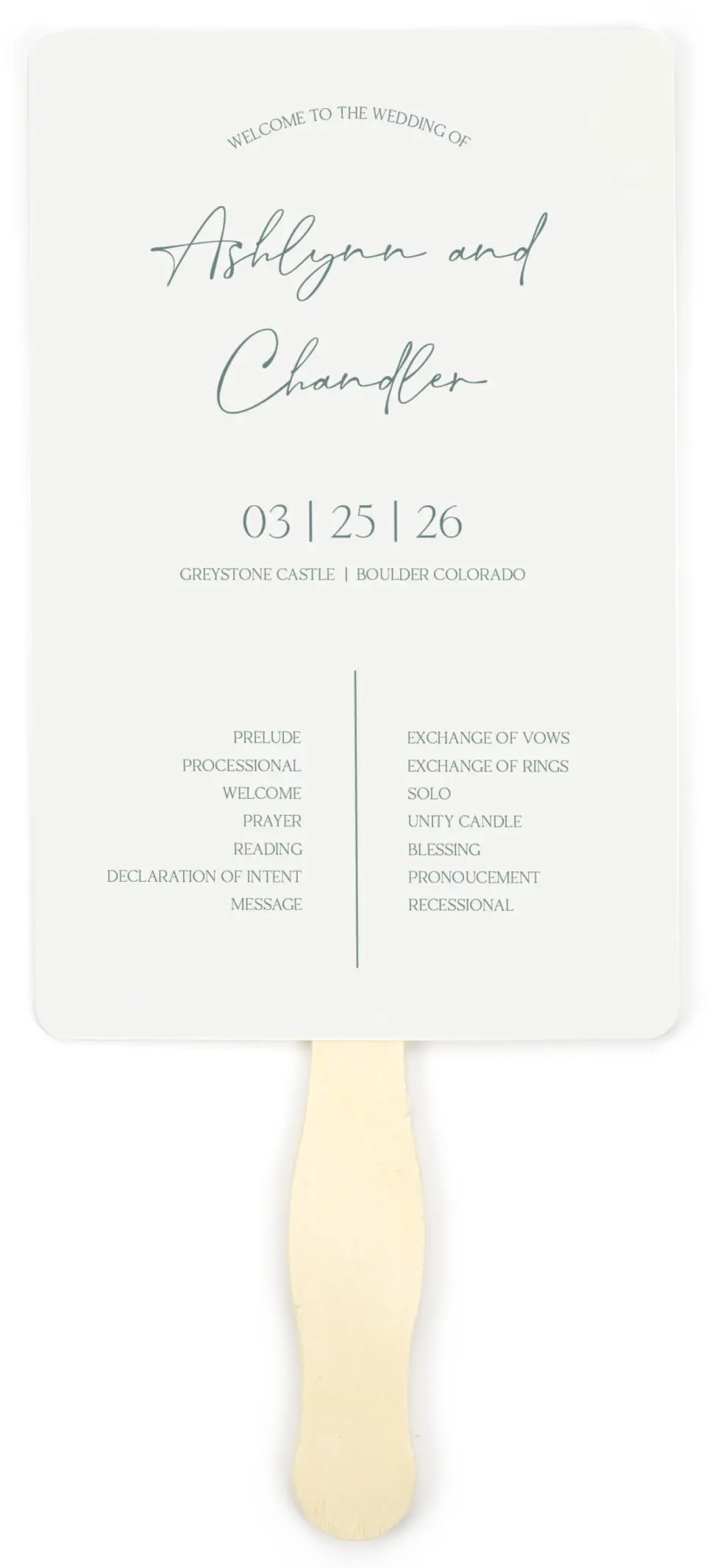 This is a 5" x 7⅞" Wedding Program Fan called The Ashlynn printed in full color on Premium Smooth paper