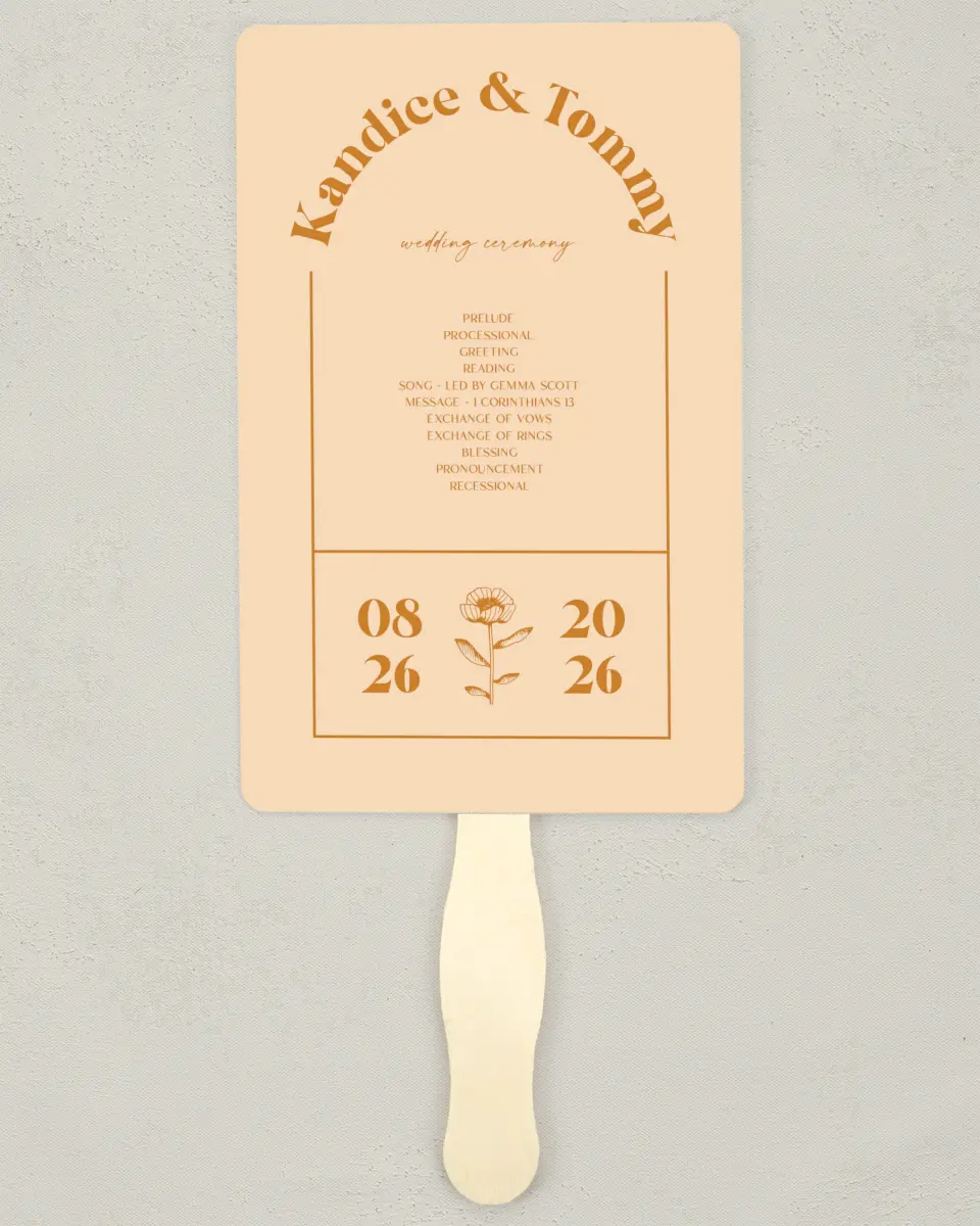 This is a 5" x 7⅞" Wedding Program Fan called The Kandice printed in full color on Premium Smooth paper