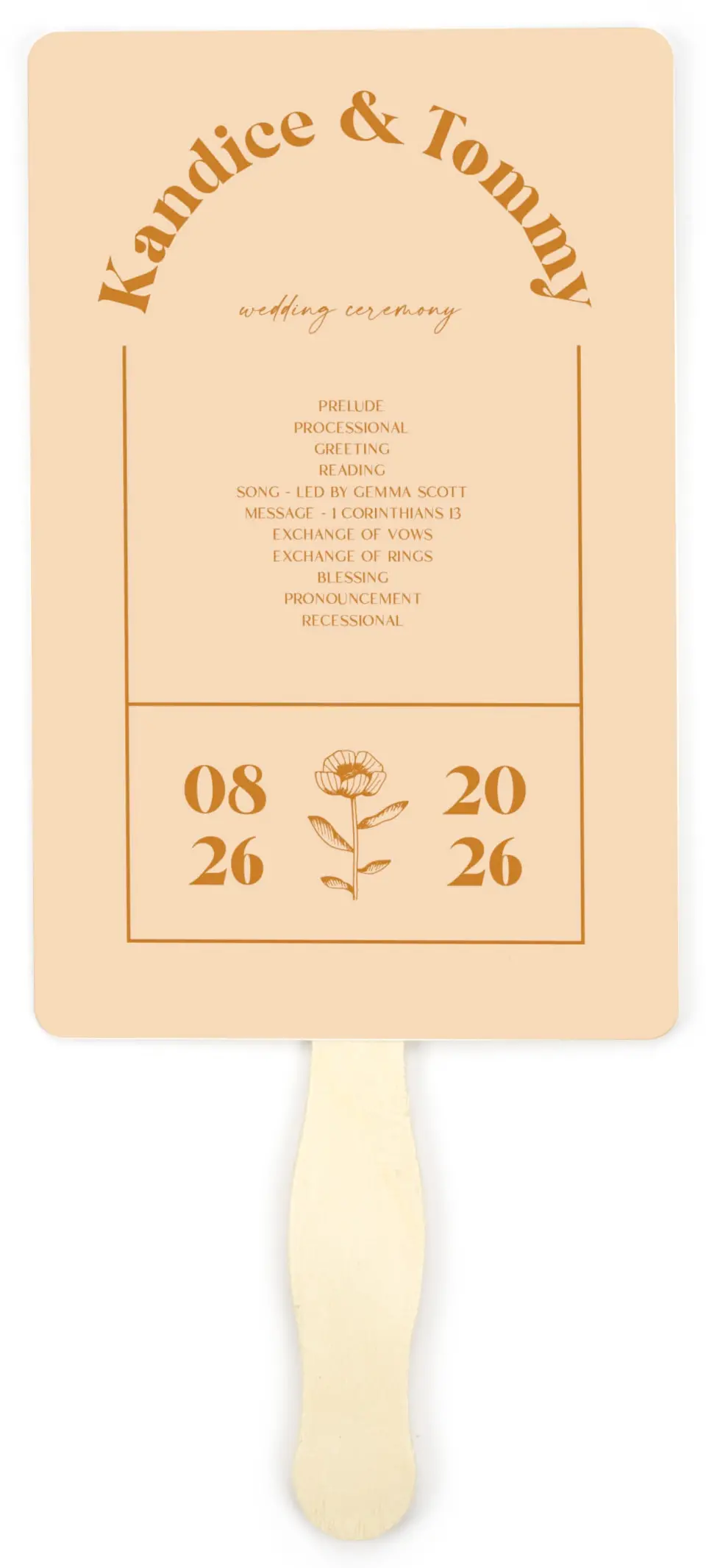 This is a 5" x 7⅞" Wedding Program Fan called The Kandice printed in full color on Premium Smooth paper