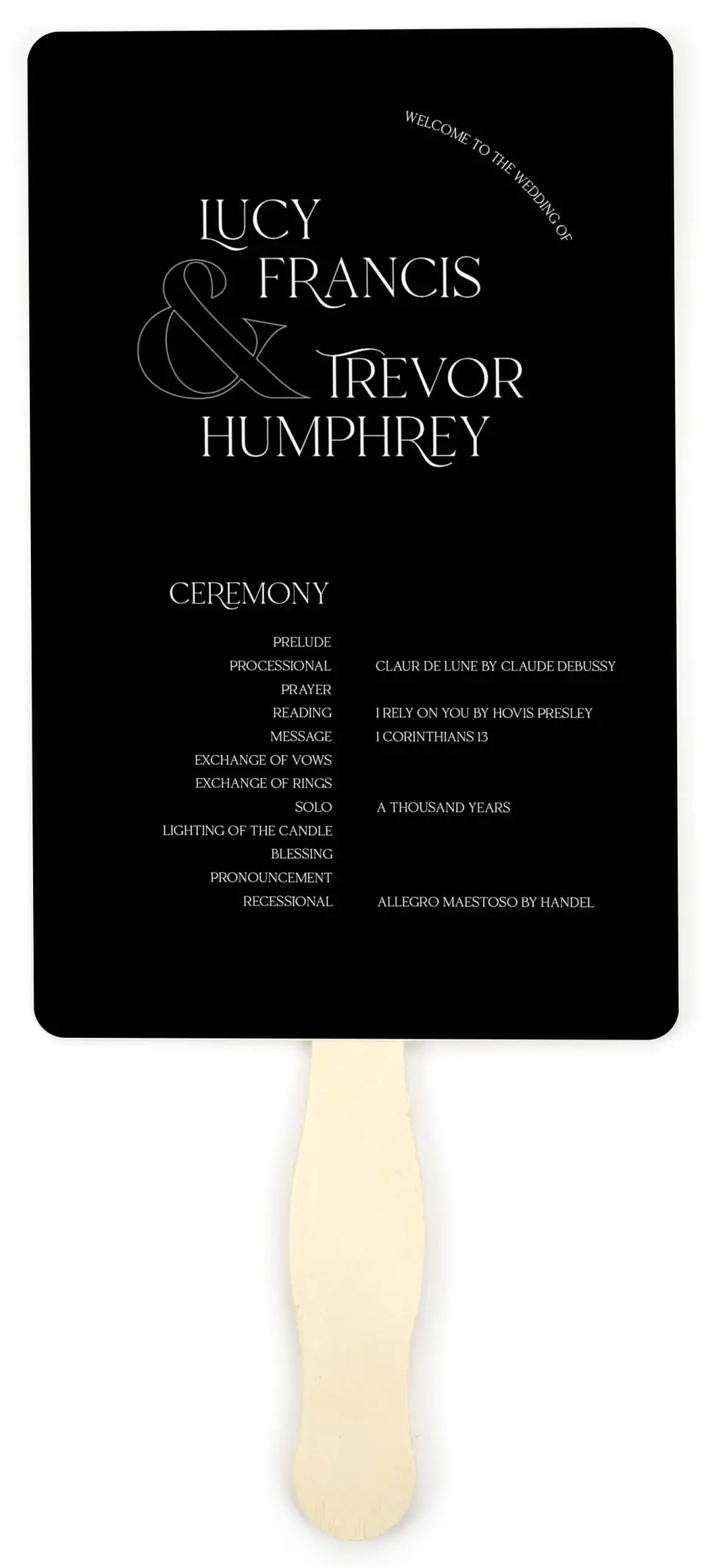 This is a 5" x 7⅞" Wedding Program Fan called The Lucy printed in full color on Premium Smooth paper