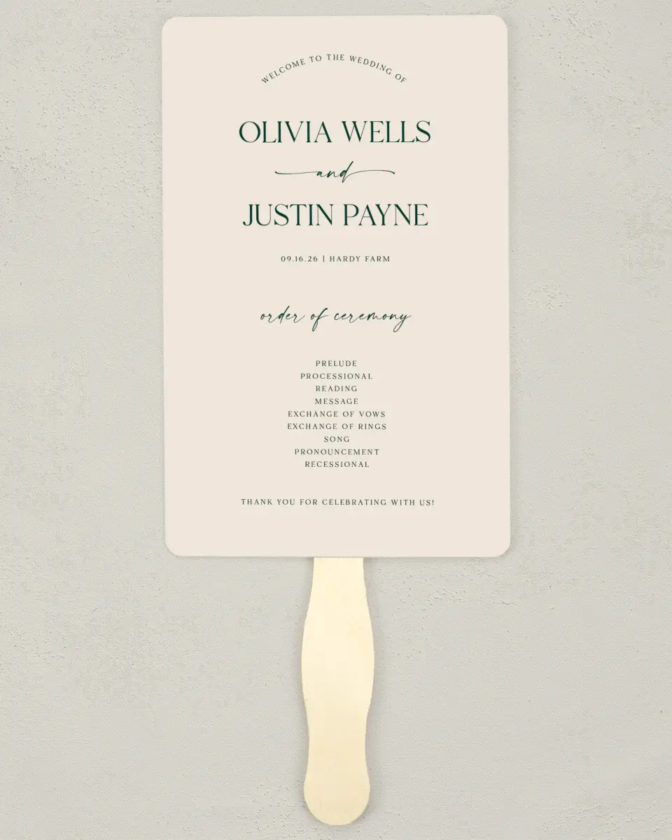 This is a 5" x 7⅞" Wedding Program Fan called The Olivia printed in full color with Silver foil on Luxe Satin (coated) paper