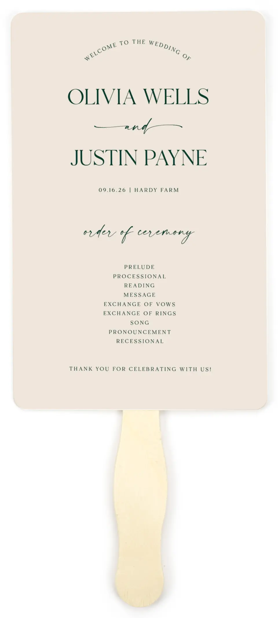 This is a 5" x 7⅞" Wedding Program Fan called The Olivia printed in full color on Premium Smooth paper