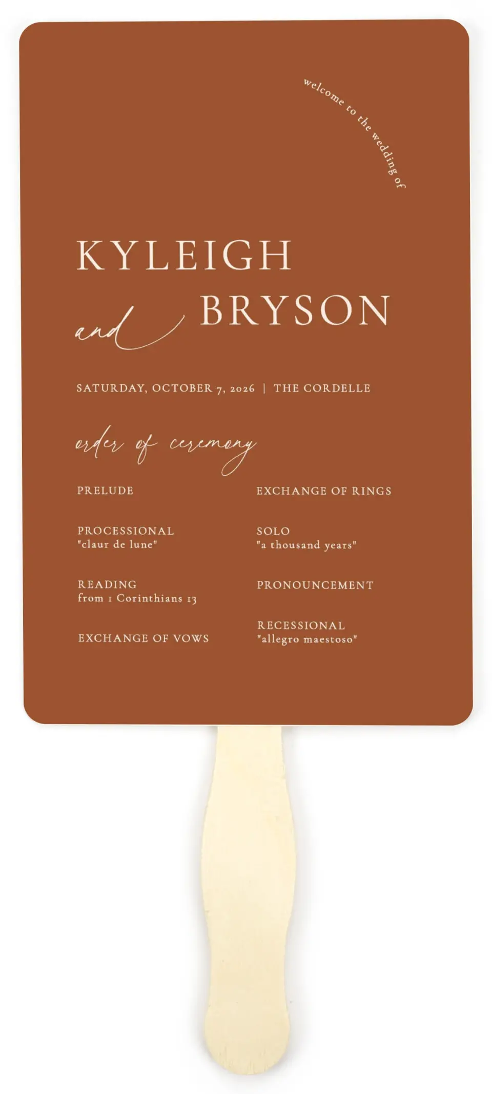 This is a 5" x 7⅞" Wedding Program Fan called The Kyleigh printed in full color on Premium Smooth paper