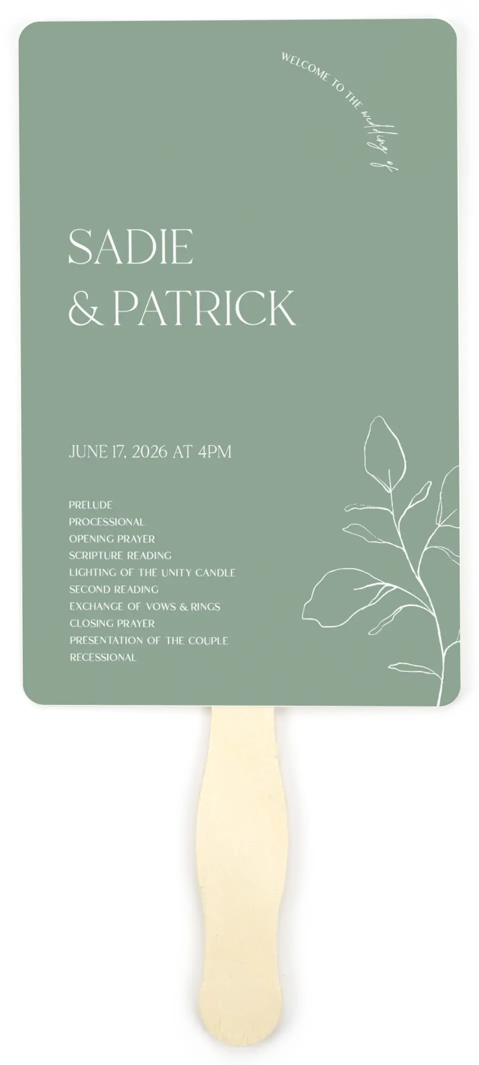 This is a 5" x 7⅞" Wedding Program Fan called The Sadie printed in full color on Premium Smooth paper