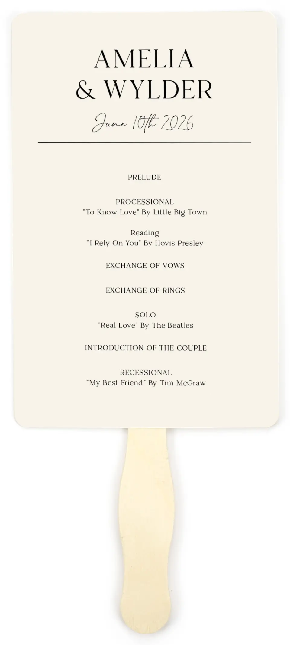 This is a 5" x 7⅞" Wedding Program Fan called Noble Names printed in full color on Premium Smooth paper