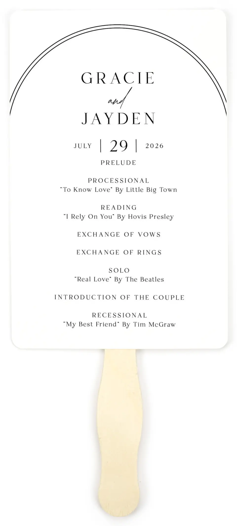 This is a 5" x 7⅞" Wedding Program Fan called Dramatic Date printed in full color on Premium Smooth paper