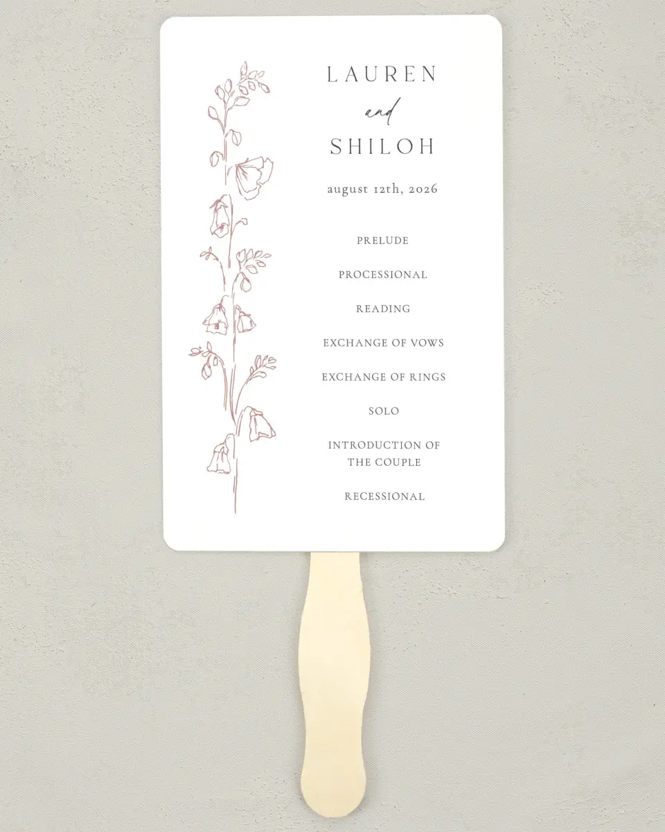 This is a 5" x 7⅞" Wedding Program Fan called Cute + Charming printed in full color on Premium Smooth paper