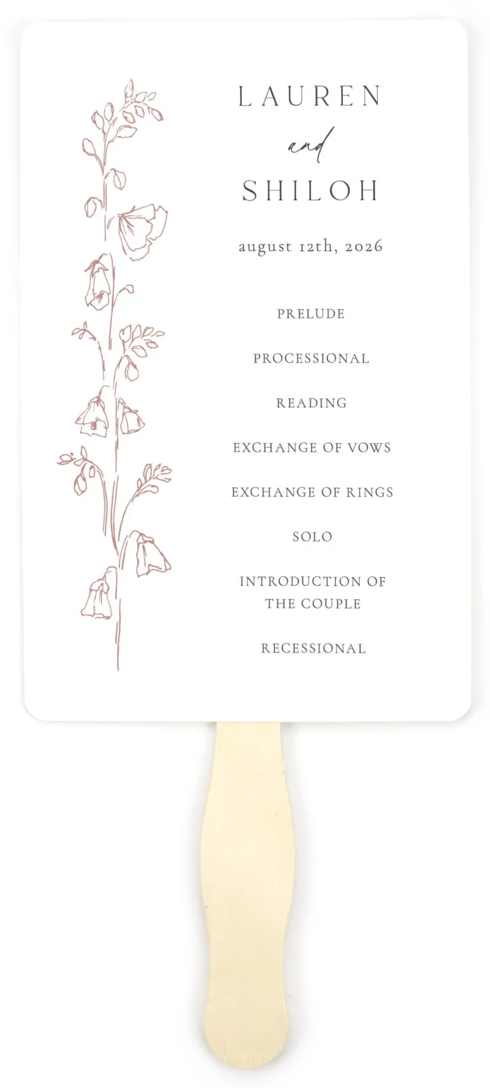 This is a 5" x 7⅞" Wedding Program Fan called Cute + Charming printed in full color on Premium Smooth paper