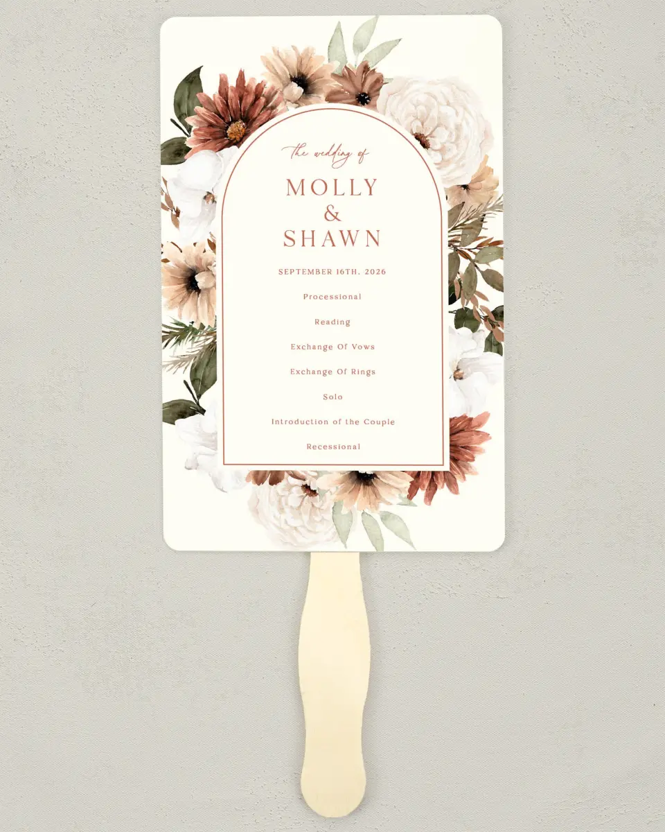 This is a 5" x 7⅞" Wedding Program Fan called Autumn Blooms printed in full color on Premium Smooth paper
