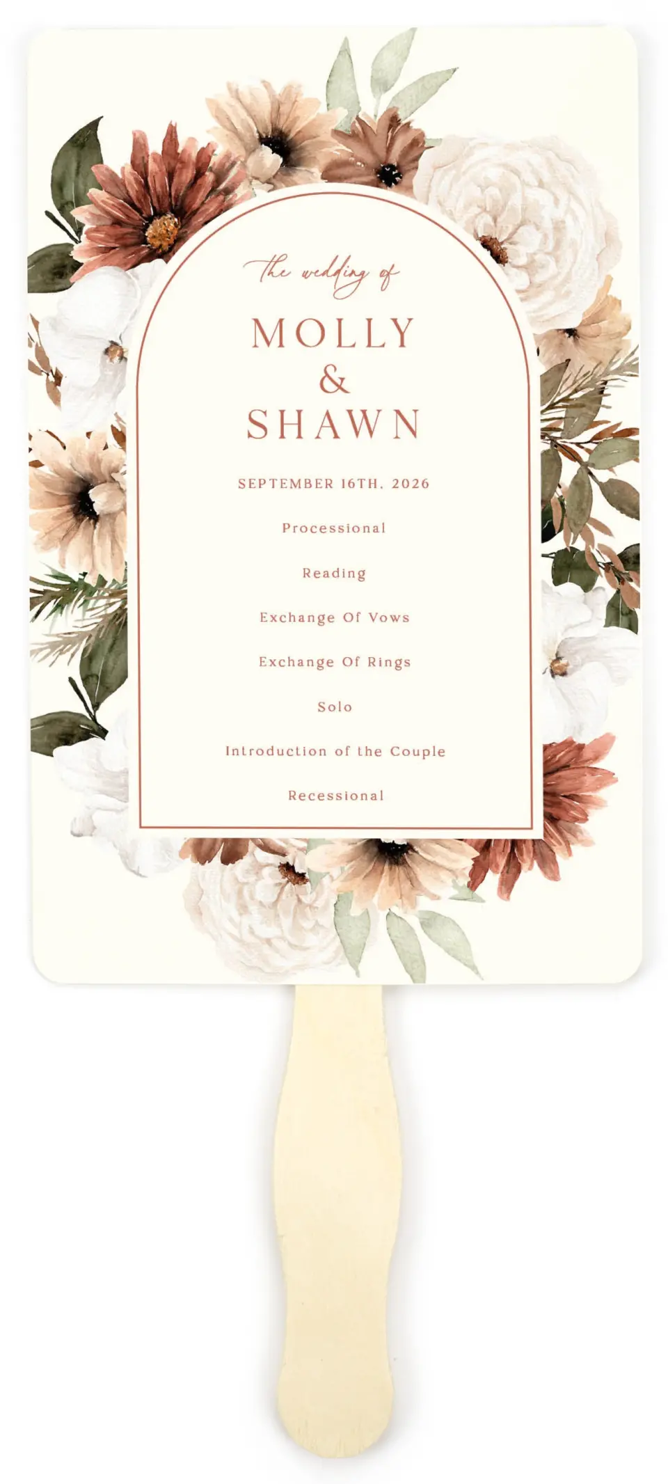 This is a 5" x 7⅞" Wedding Program Fan called Autumn Blooms printed in full color on Premium Smooth paper