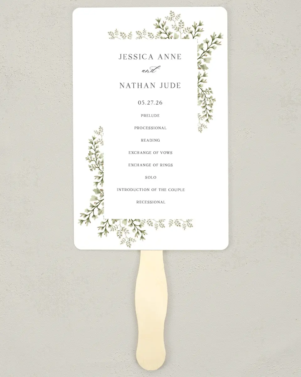 This is a 5" x 7⅞" Wedding Program Fan called Leaves of Love printed in full color on Premium Smooth paper