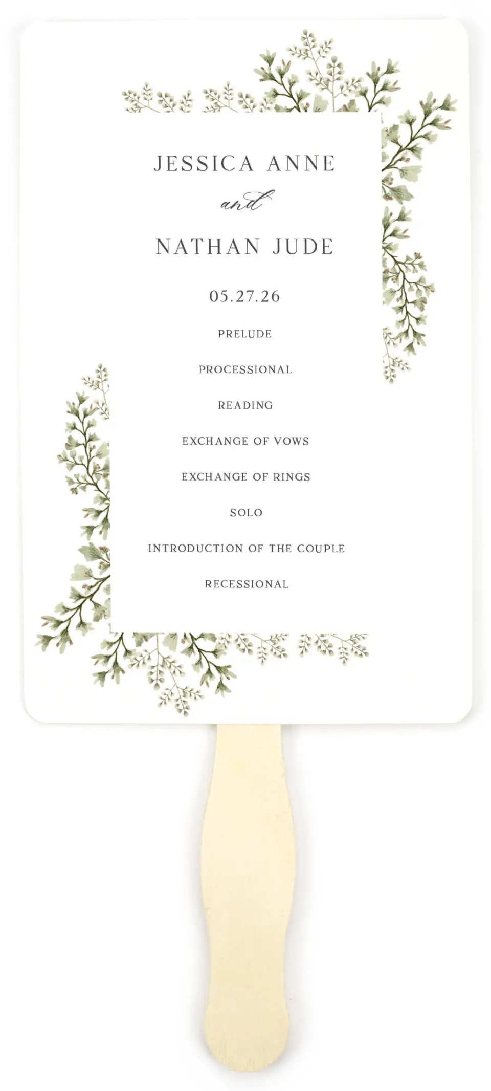 This is a 5" x 7⅞" Wedding Program Fan called Leaves of Love printed in full color on Premium Smooth paper