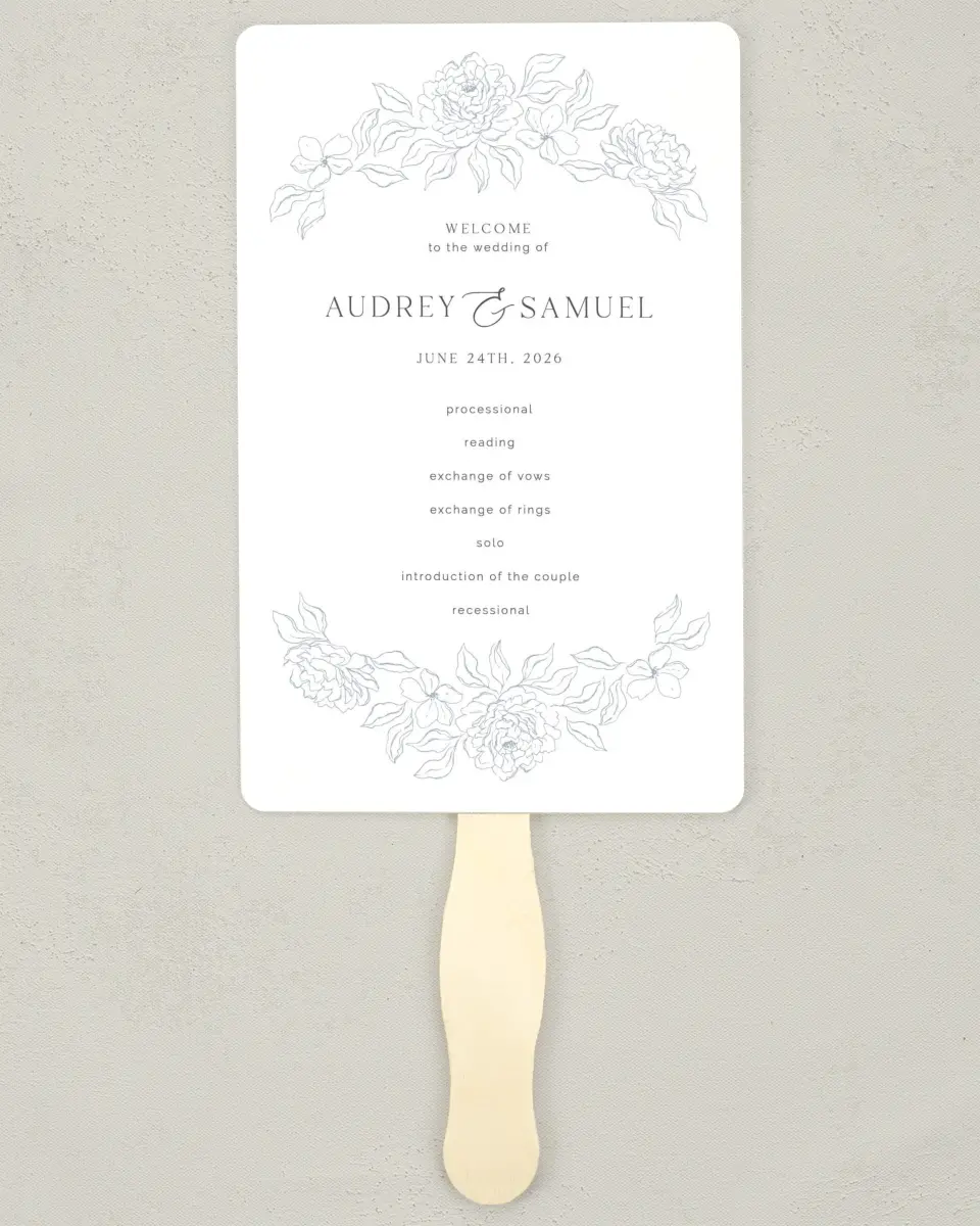 This is a 5" x 7⅞" Wedding Program Fan called Graceful Petals printed in full color on Premium Smooth paper