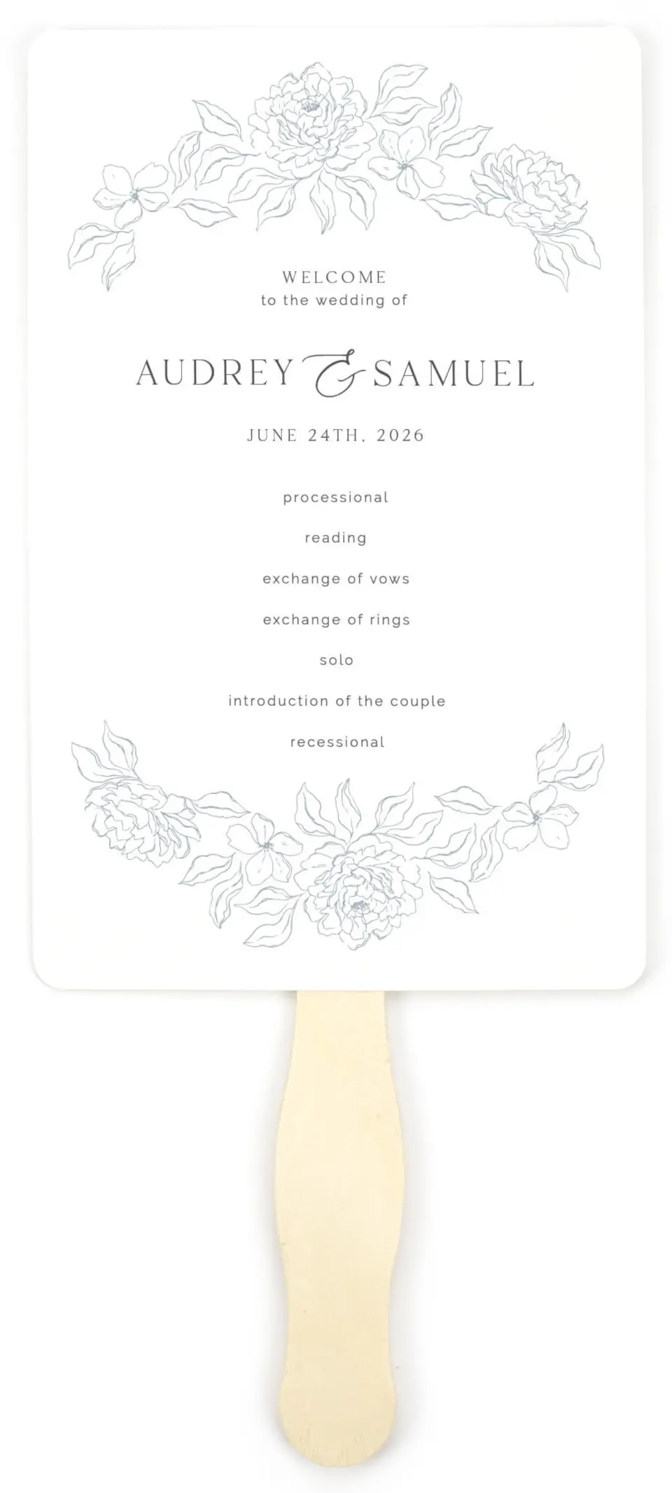 This is a 5" x 7⅞" Wedding Program Fan called Graceful Petals printed in full color on Premium Smooth paper