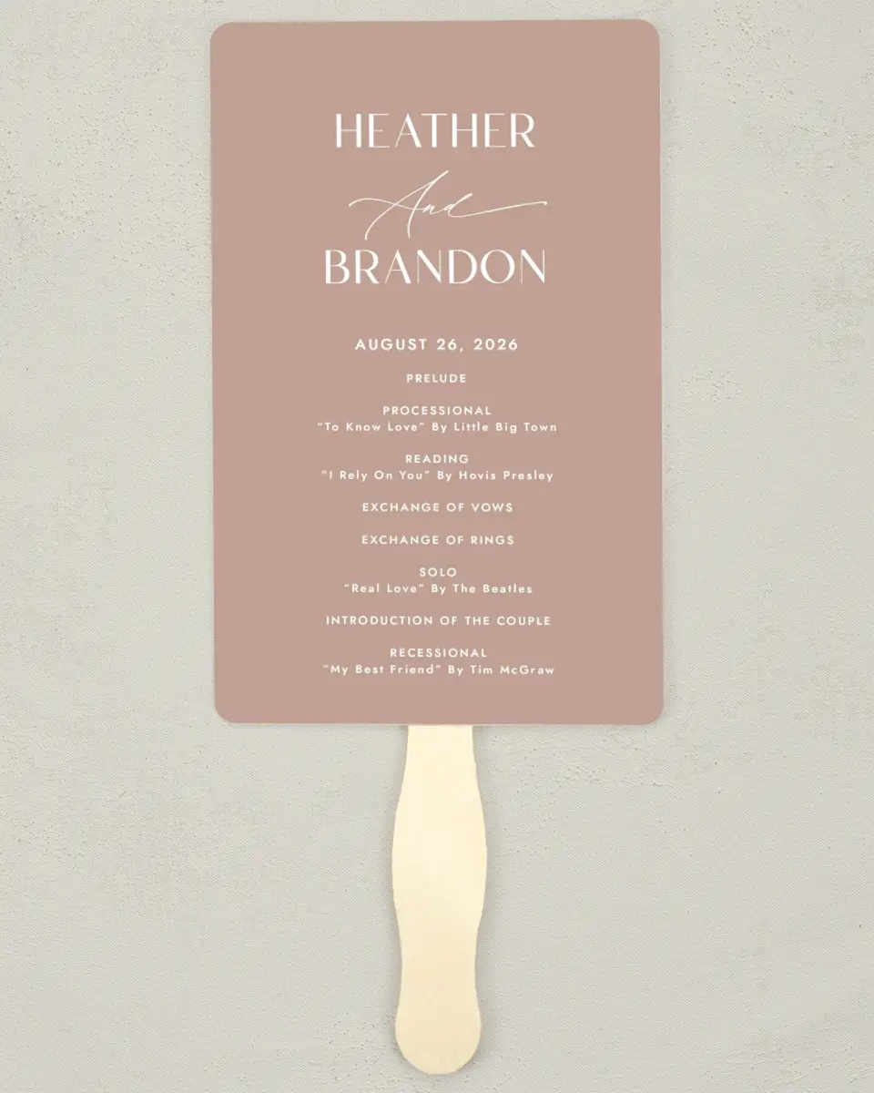 This is a 5" x 7⅞" Wedding Program Fan called Neat Names printed in full color on Premium Smooth paper