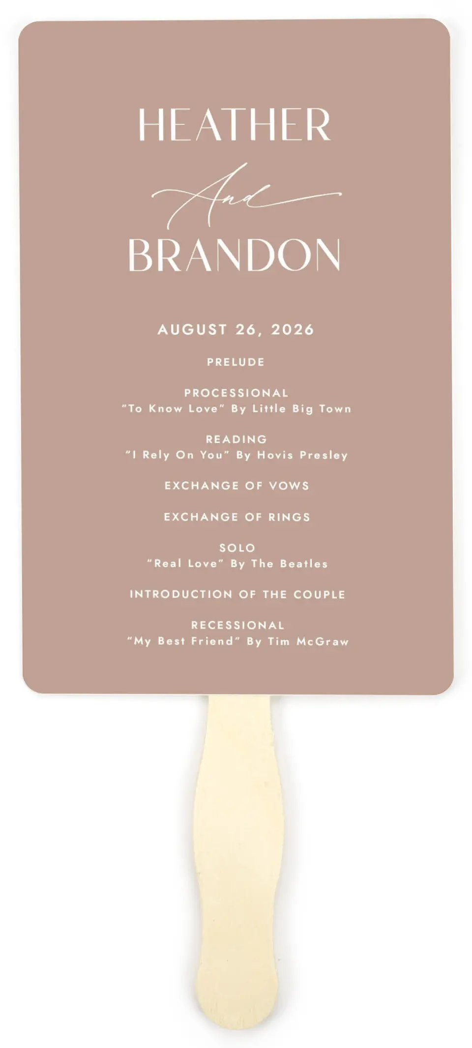 This is a 5" x 7⅞" Wedding Program Fan called Neat Names printed in full color on Premium Smooth paper