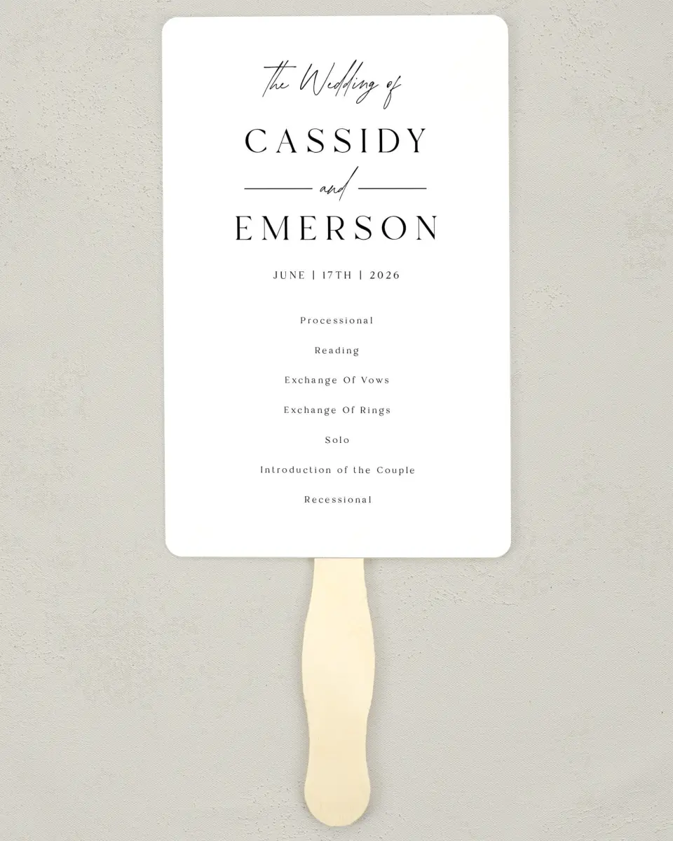 This is a 5" x 7⅞" Wedding Program Fan called Devoted Delight printed in full color with Gold foil on Luxe Satin (coated) paper