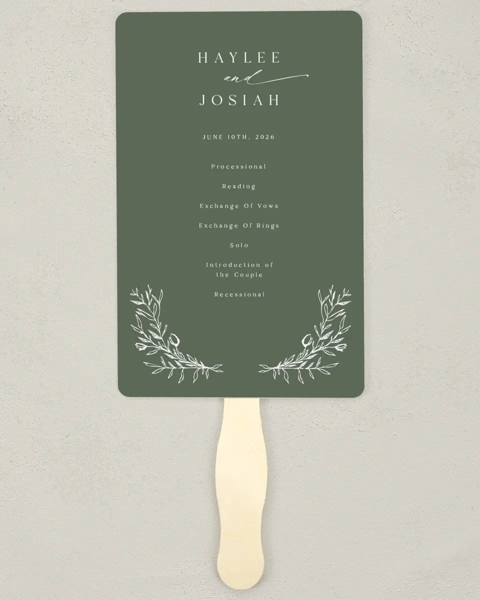 This is a 5" x 7⅞" Wedding Program Fan called Flourishing Frame printed in full color on Premium Smooth paper
