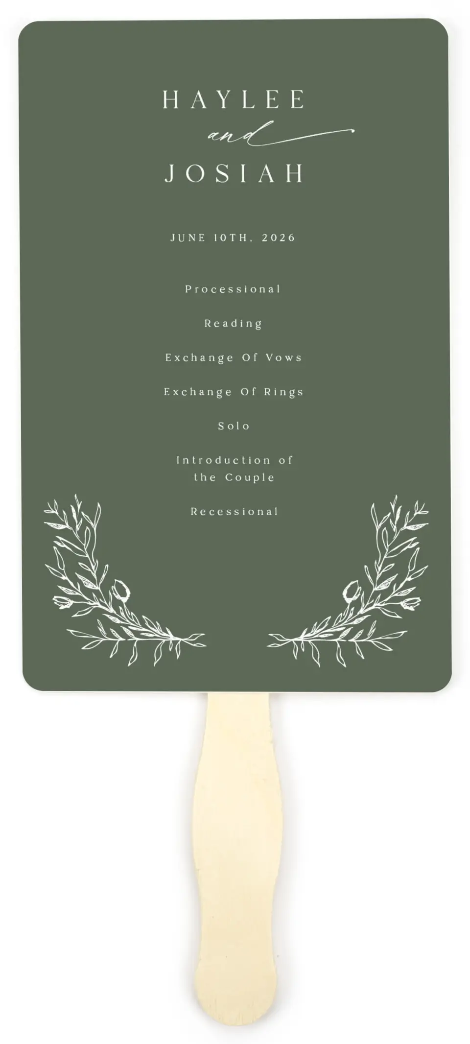 This is a 5" x 7⅞" Wedding Program Fan called Flourishing Frame printed in full color on Premium Smooth paper