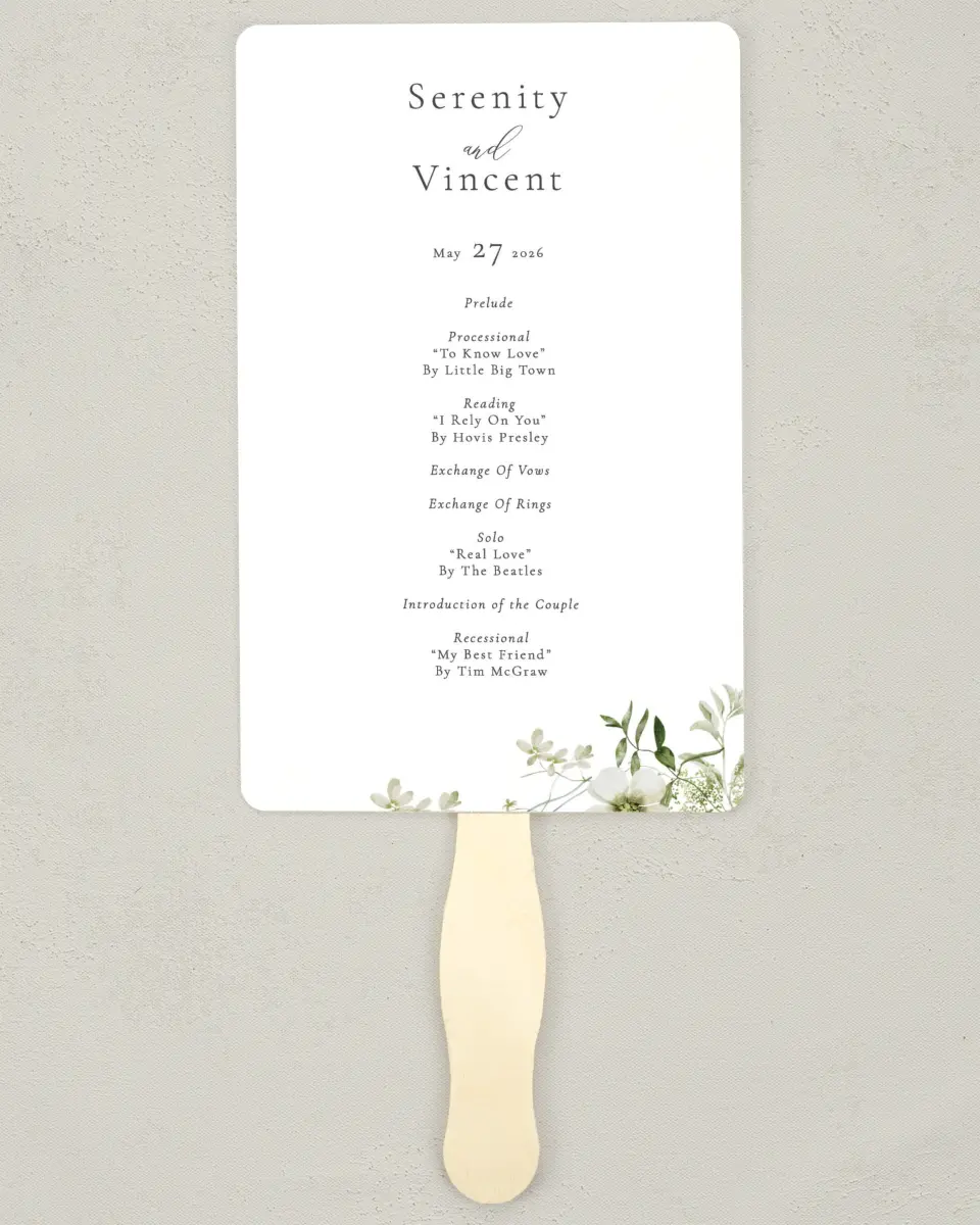 This is a 5" x 7⅞" Wedding Program Fan called Graceful Greenery printed in full color on Premium Smooth paper