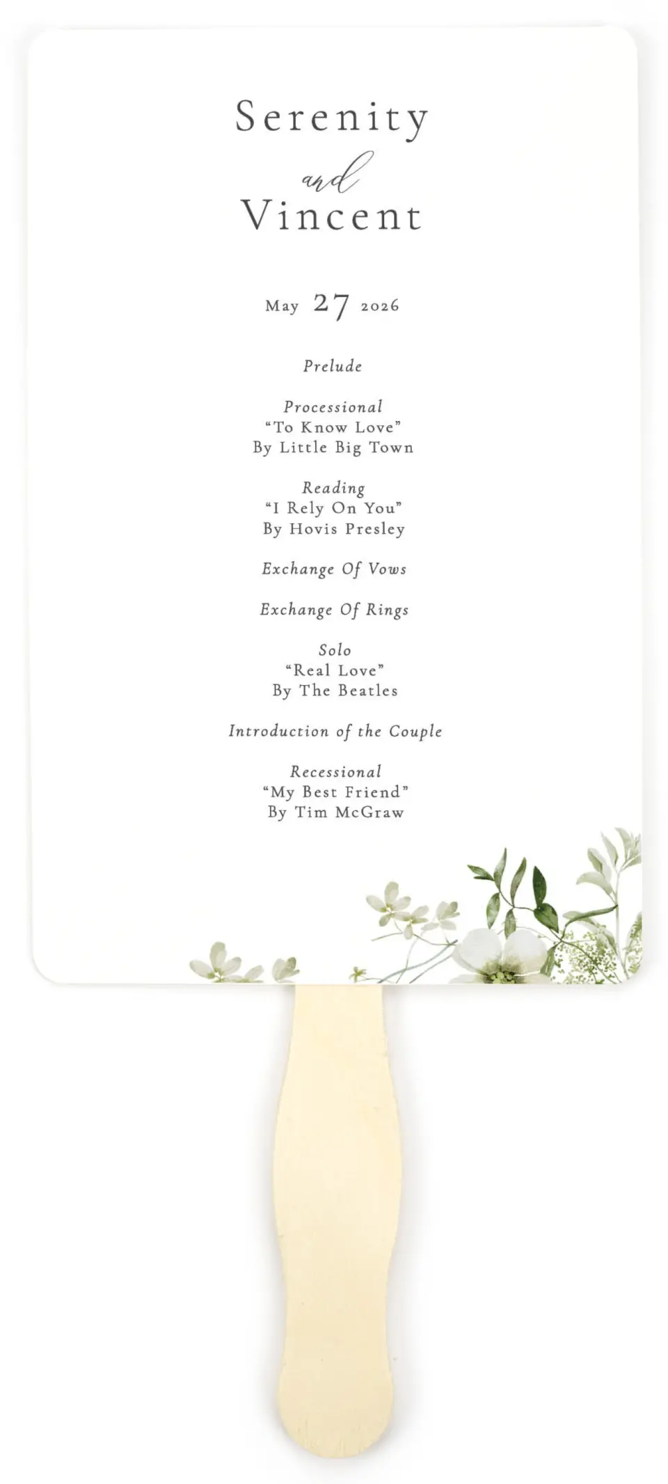 This is a 5" x 7⅞" Wedding Program Fan called Graceful Greenery printed in full color on Premium Smooth paper