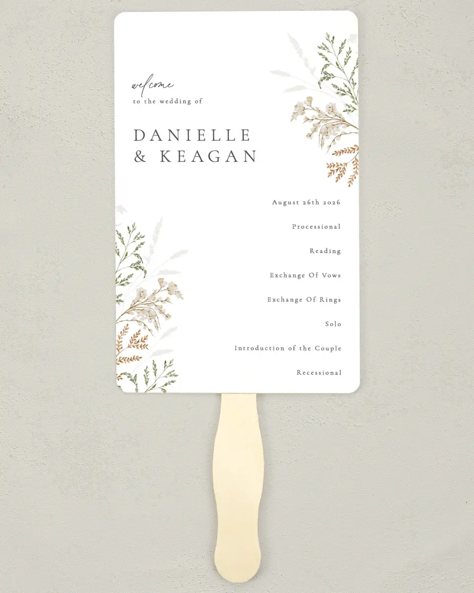 This is a 5" x 7⅞" Wedding Program Fan called Wild Devotion printed in full color on Premium Smooth paper