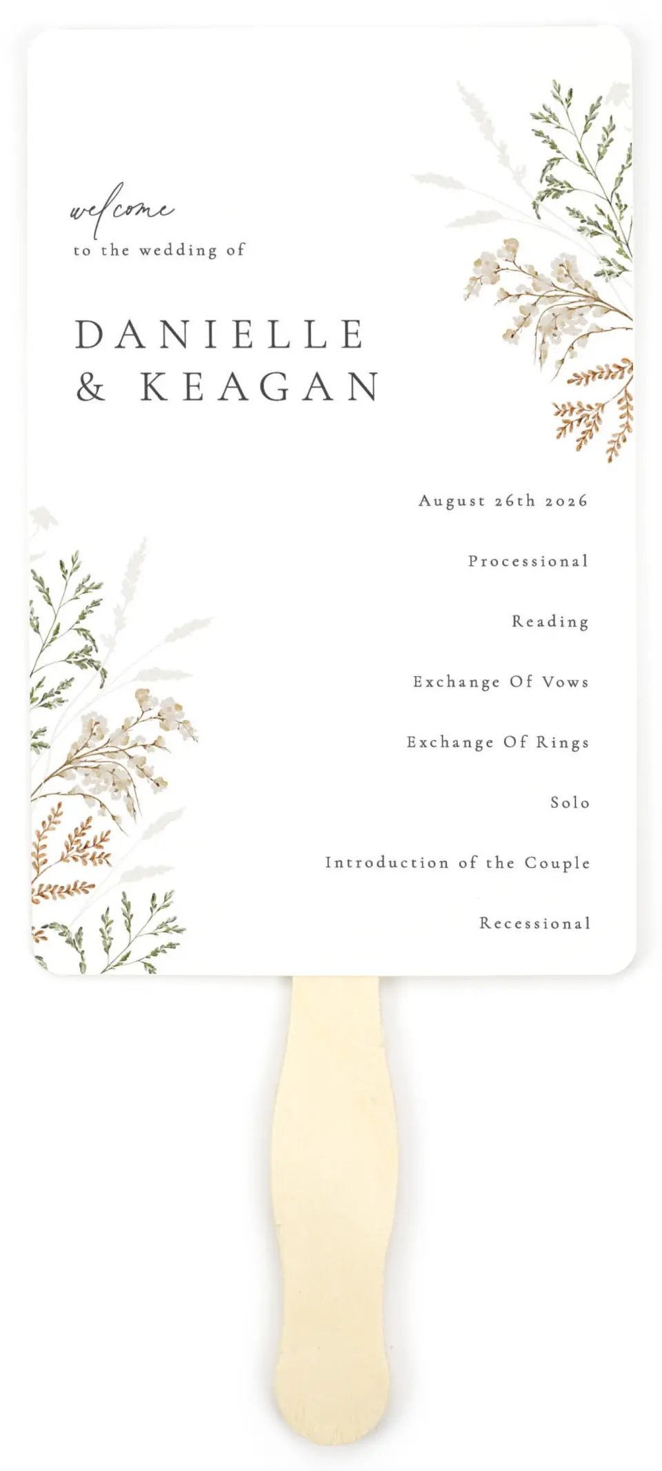 This is a 5" x 7⅞" Wedding Program Fan called Wild Devotion printed in full color on Premium Smooth paper