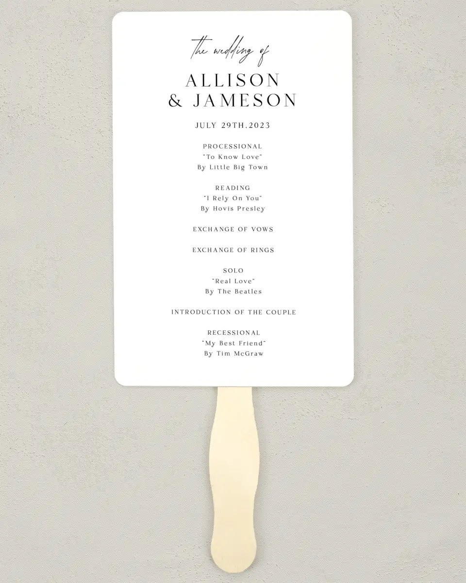 This is a 5" x 7⅞" Wedding Program Fan called Simple Signature printed in full color on Premium Smooth paper