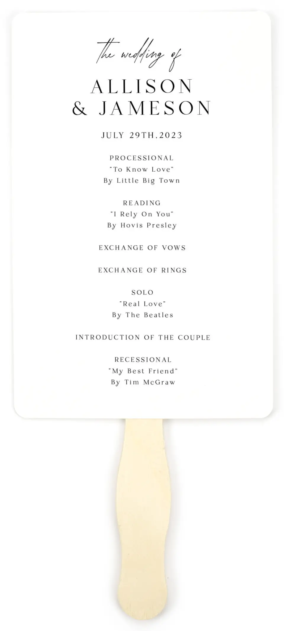 This is a 5" x 7⅞" Wedding Program Fan called Simple Signature printed in full color on Premium Smooth paper