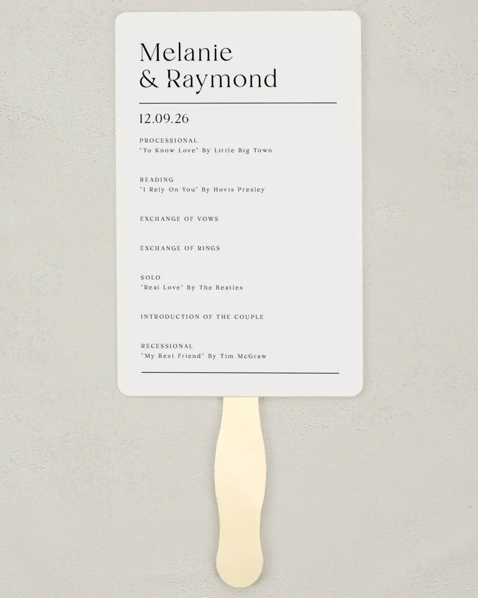 This is a 5" x 7⅞" Wedding Program Fan called Styled Lines printed in full color with Gold foil on Luxe Satin (coated) paper