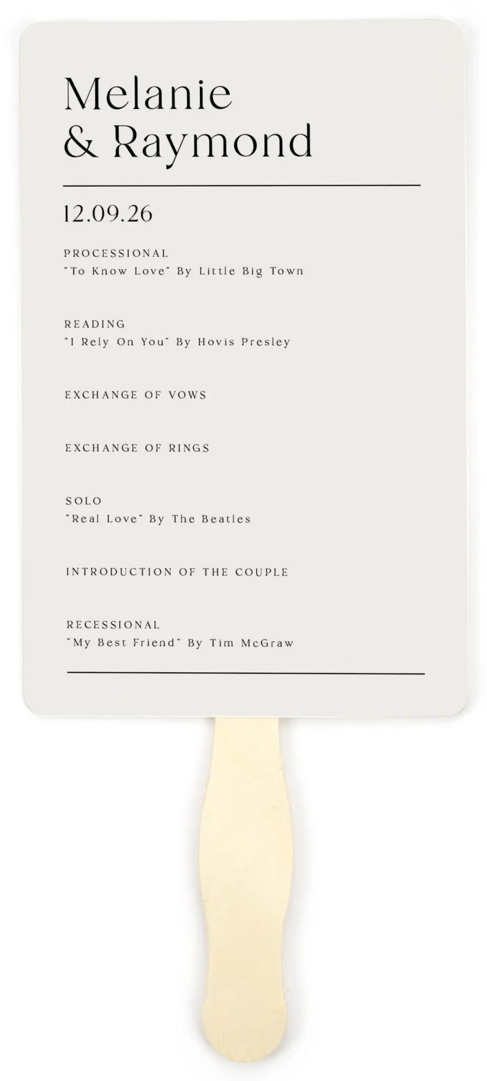 This is a 5" x 7⅞" Wedding Program Fan called Styled Lines printed in full color on Premium Smooth paper