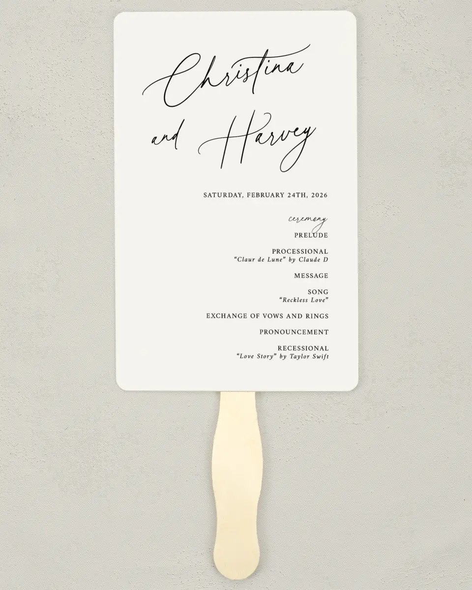 This is a 5" x 7⅞" Wedding Program Fan called The Christina printed in full color with Silver foil on Luxe Satin (coated) paper