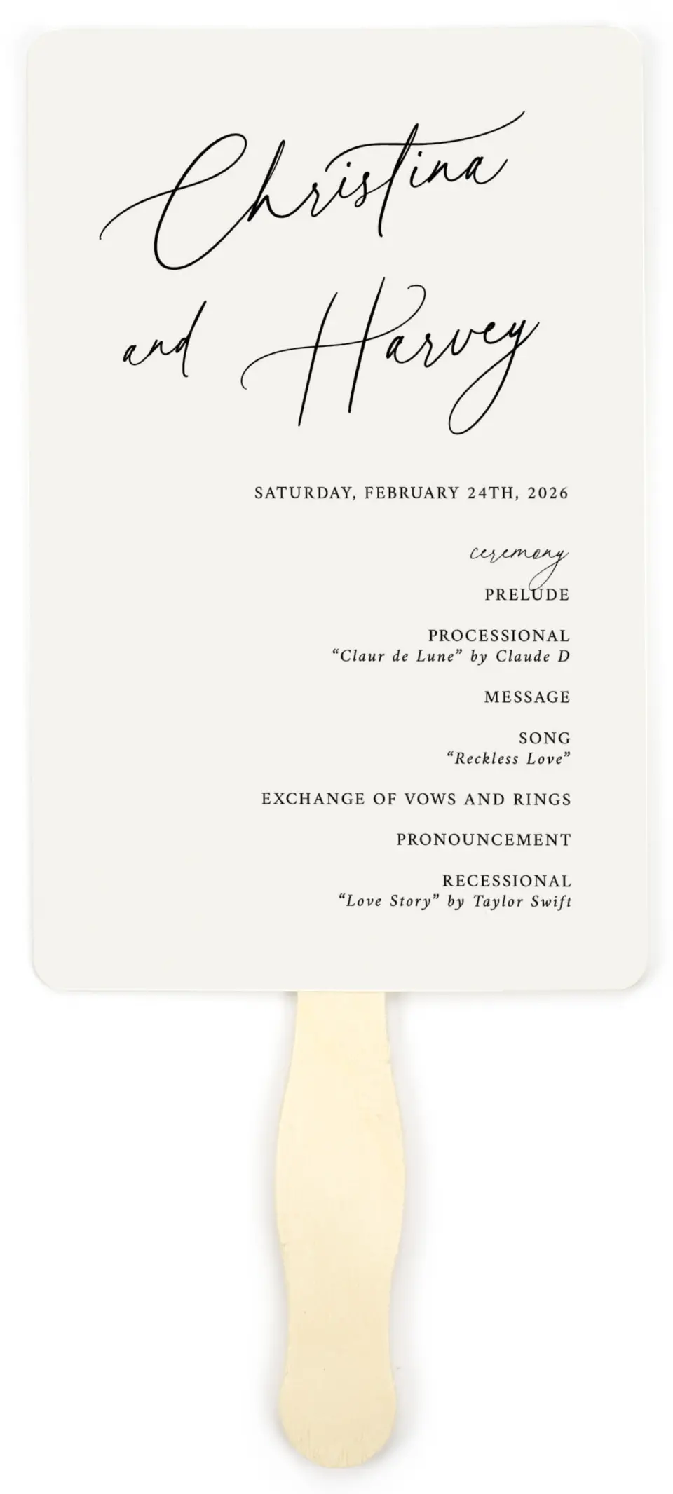This is a 5" x 7⅞" Wedding Program Fan called The Christina printed in full color on Premium Smooth paper
