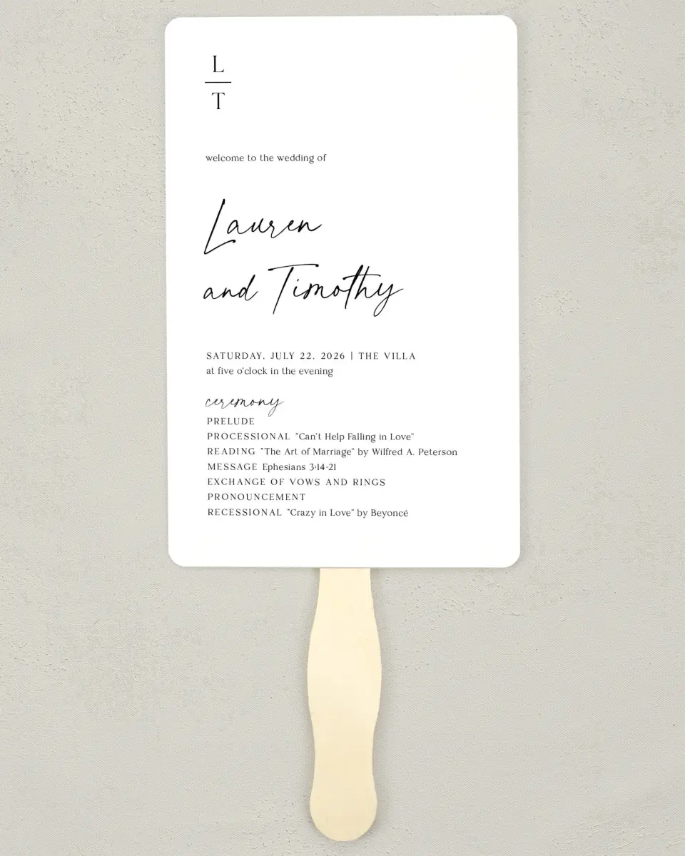 This is a 5" x 7⅞" Wedding Program Fan called The Lauren printed in full color with Silver foil on Luxe Satin (coated) paper