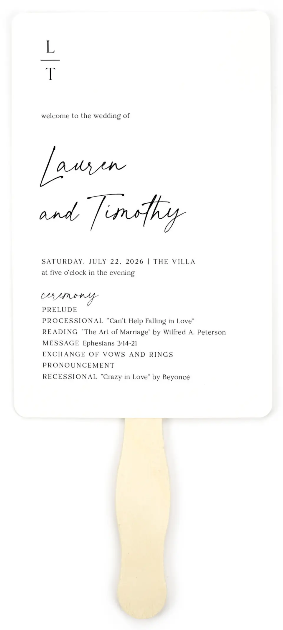 This is a 5" x 7⅞" Wedding Program Fan called The Lauren printed in full color on Premium Smooth paper