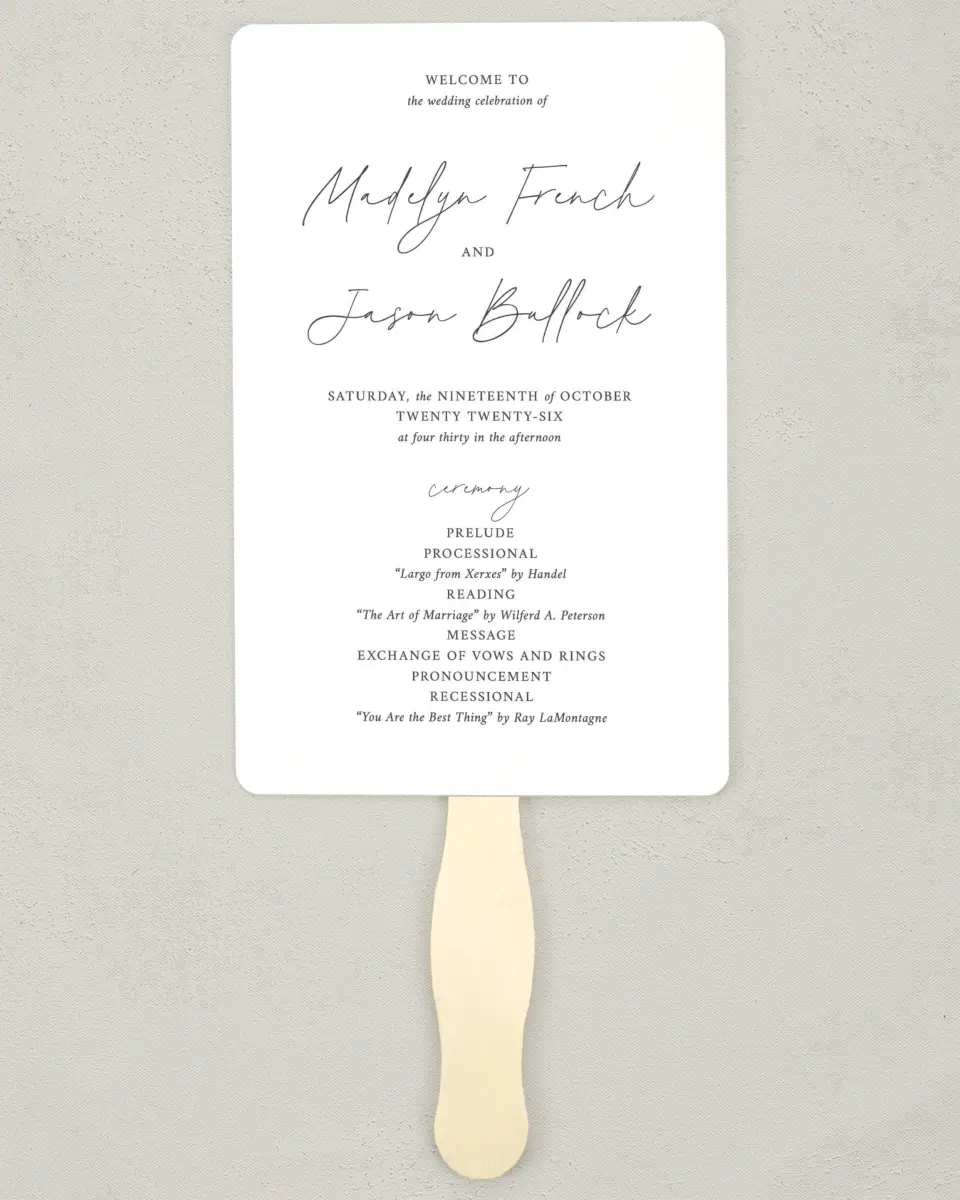 This is a 5" x 7⅞" Wedding Program Fan called The Madelyn printed in full color on Premium Smooth paper