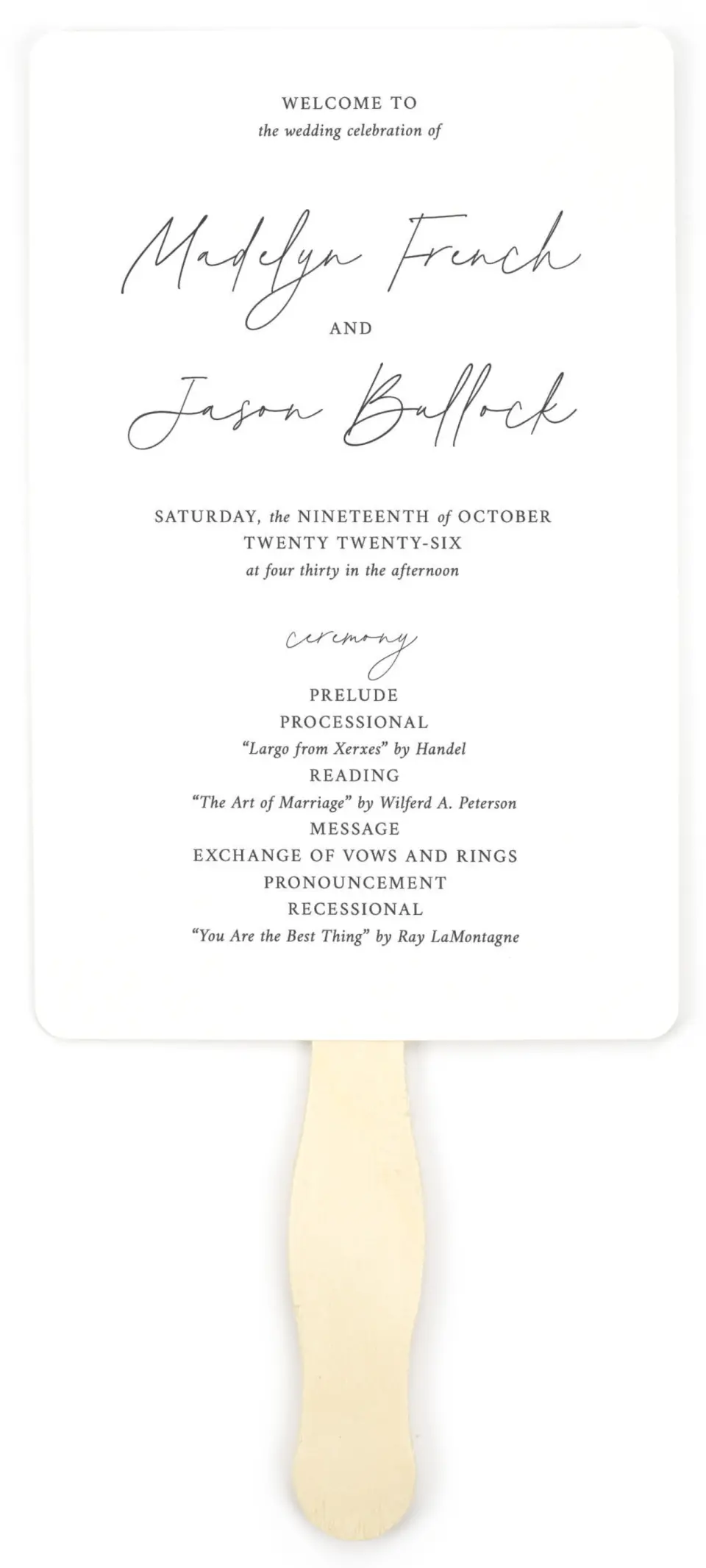 This is a 5" x 7⅞" Wedding Program Fan called The Madelyn printed in full color on Premium Smooth paper