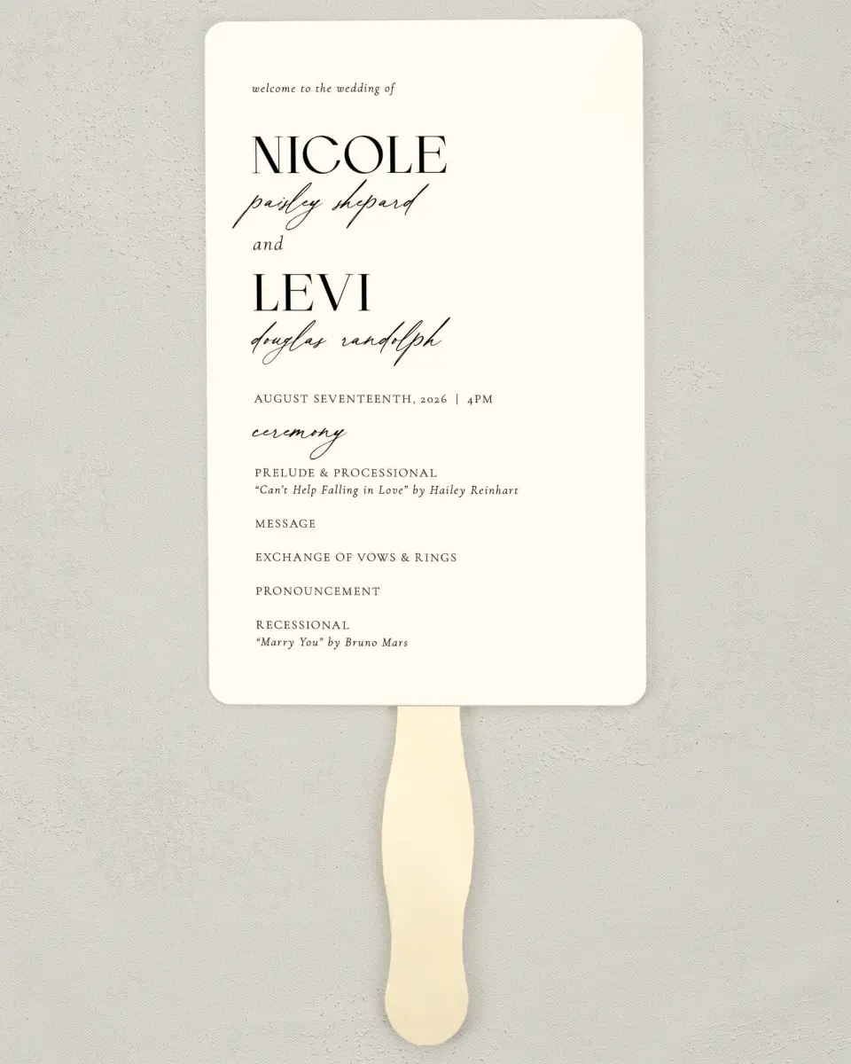This is a 5" x 7⅞" Wedding Program Fan called The Nicole printed in full color with Gold foil on Luxe Satin (coated) paper