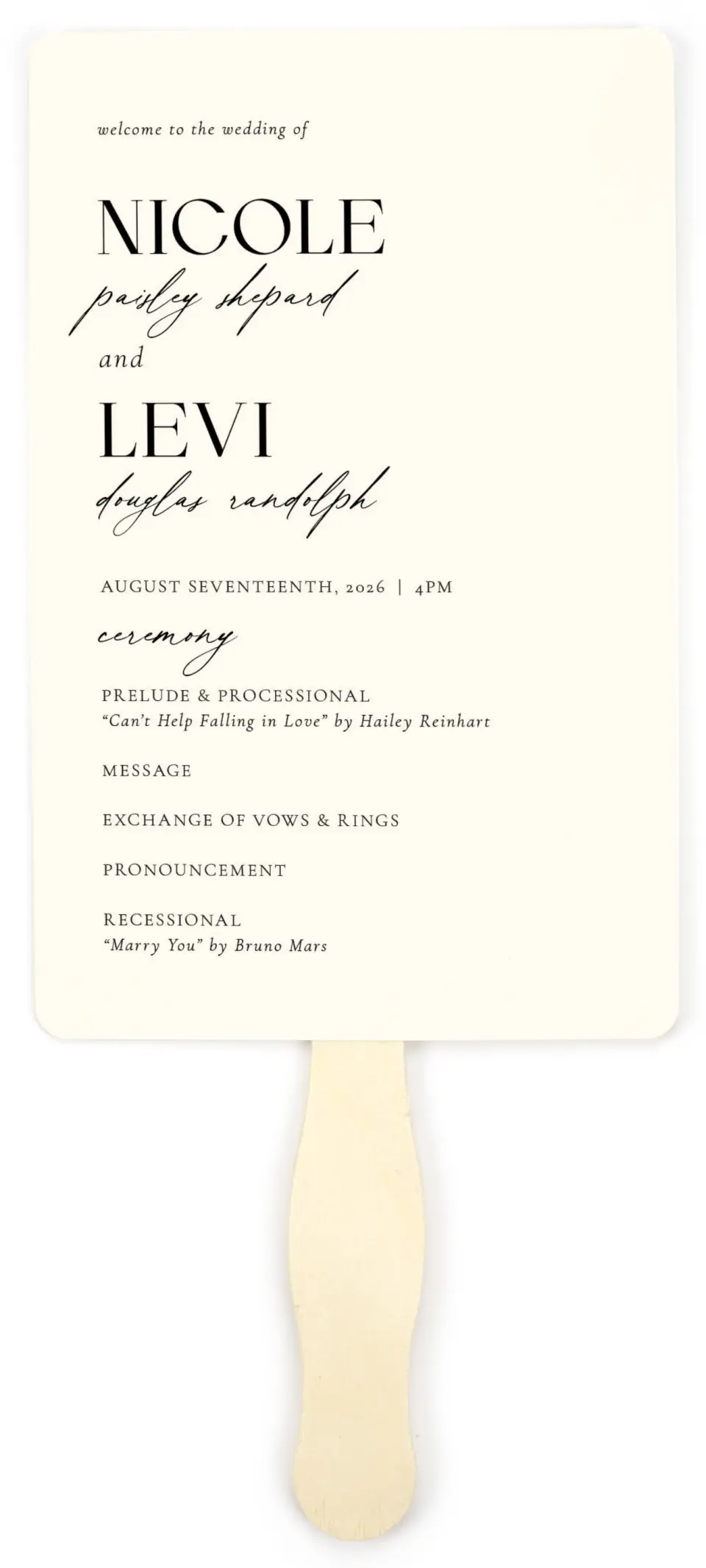 This is a 5" x 7⅞" Wedding Program Fan called The Nicole printed in full color on Premium Smooth paper