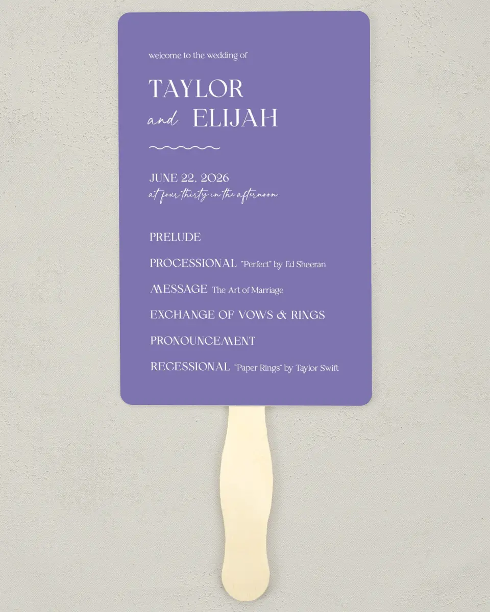 This is a 5" x 7⅞" Wedding Program Fan called The Taylor printed in full color with Silver foil on Luxe Satin (coated) paper