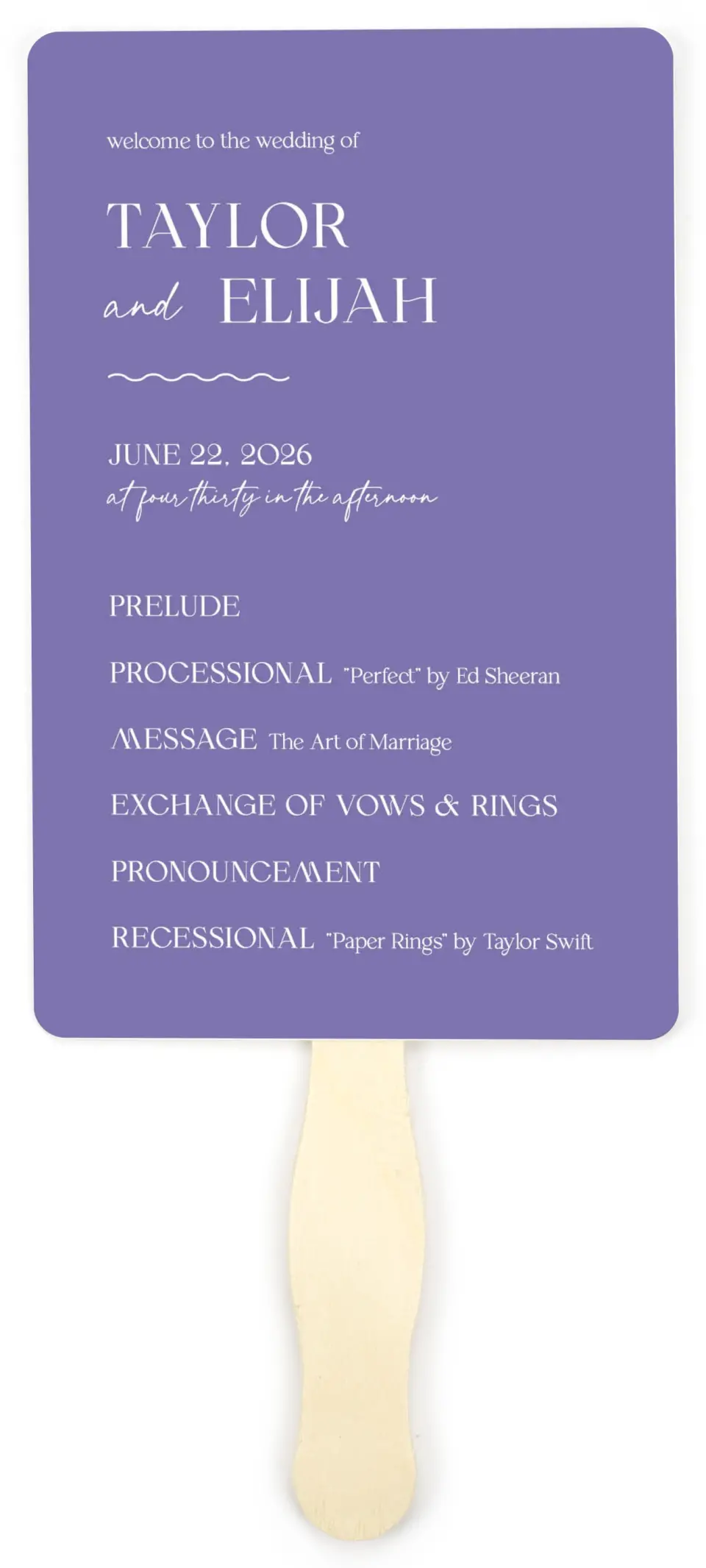This is a 5" x 7⅞" Wedding Program Fan called The Taylor printed in full color on Premium Smooth paper