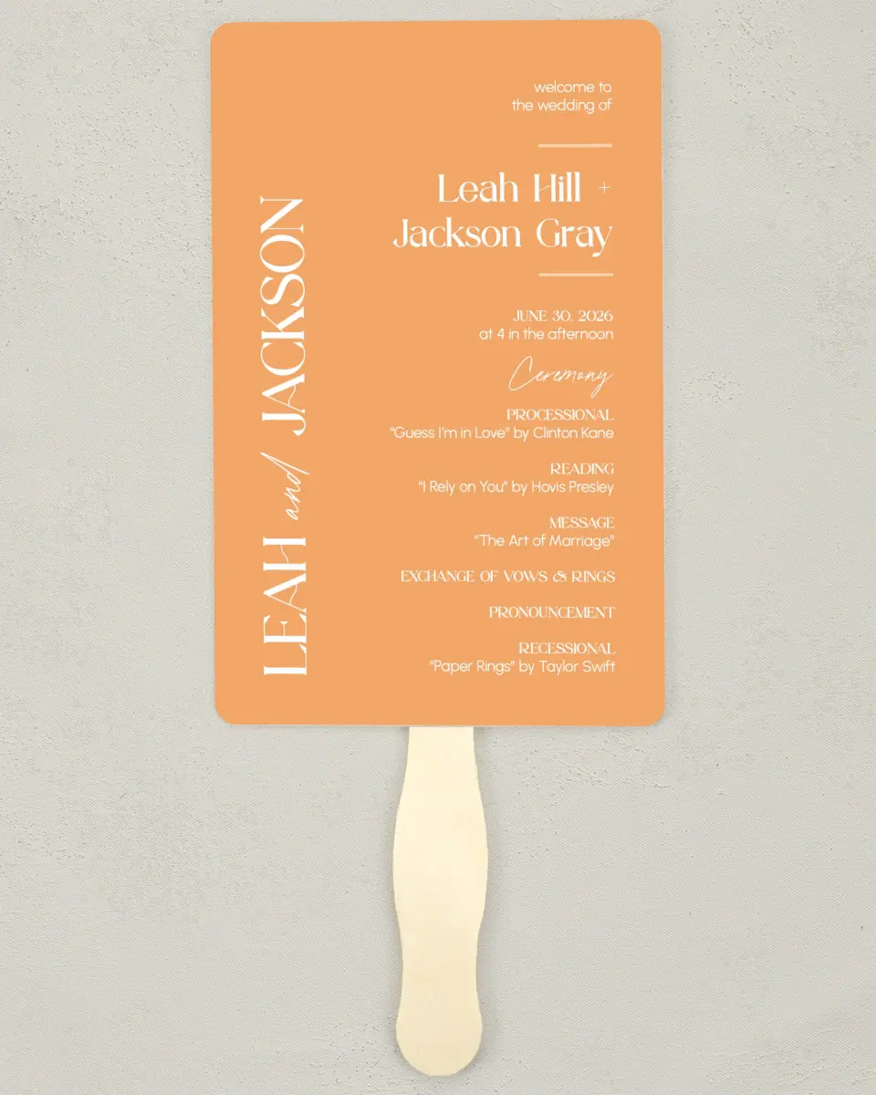 This is a 5" x 7⅞" Wedding Program Fan called The Leah printed in full color with Gold foil on Luxe Satin (coated) paper