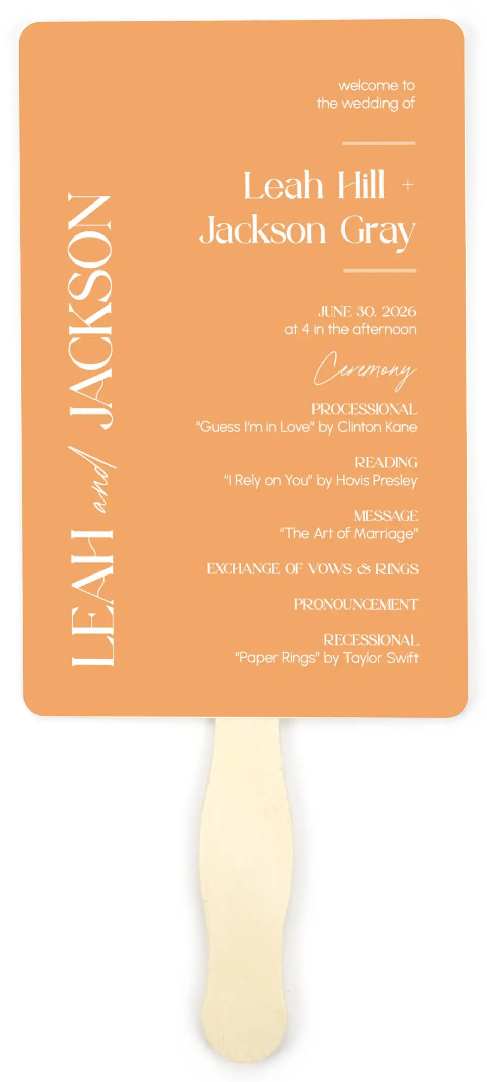 This is a 5" x 7⅞" Wedding Program Fan called The Leah printed in full color on Premium Smooth paper