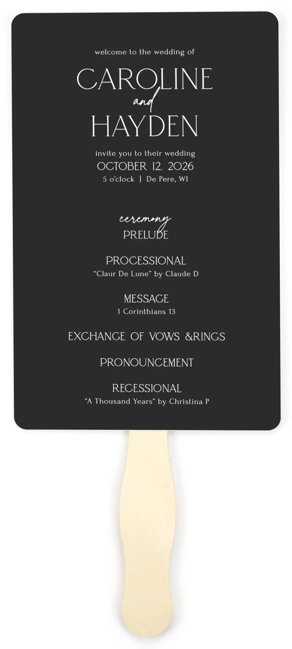 This is a 5" x 7⅞" Wedding Program Fan called The Caroline printed in full color on Premium Smooth paper